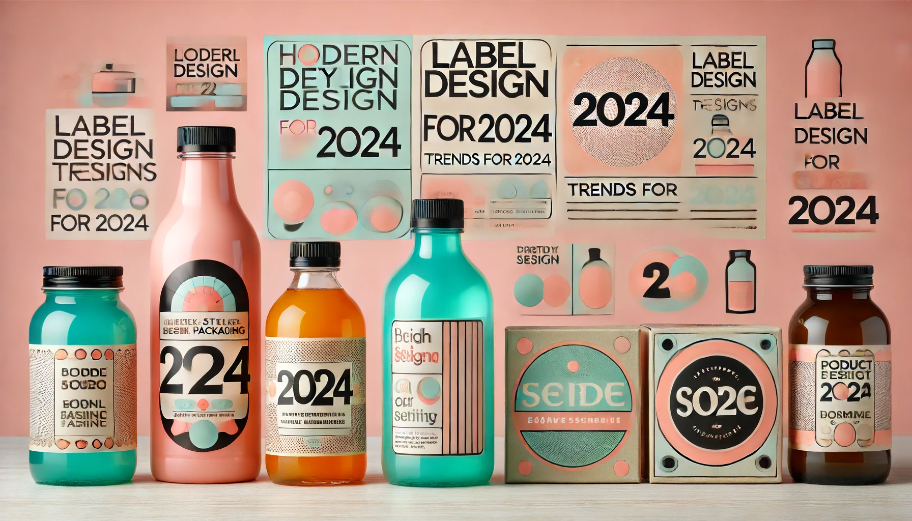 DALL·E 2024 06 18 13.24.03 A modern stylish label design trends for 2024 displayed on various product packaging. The image features bottles jars and boxes with pastel and neo