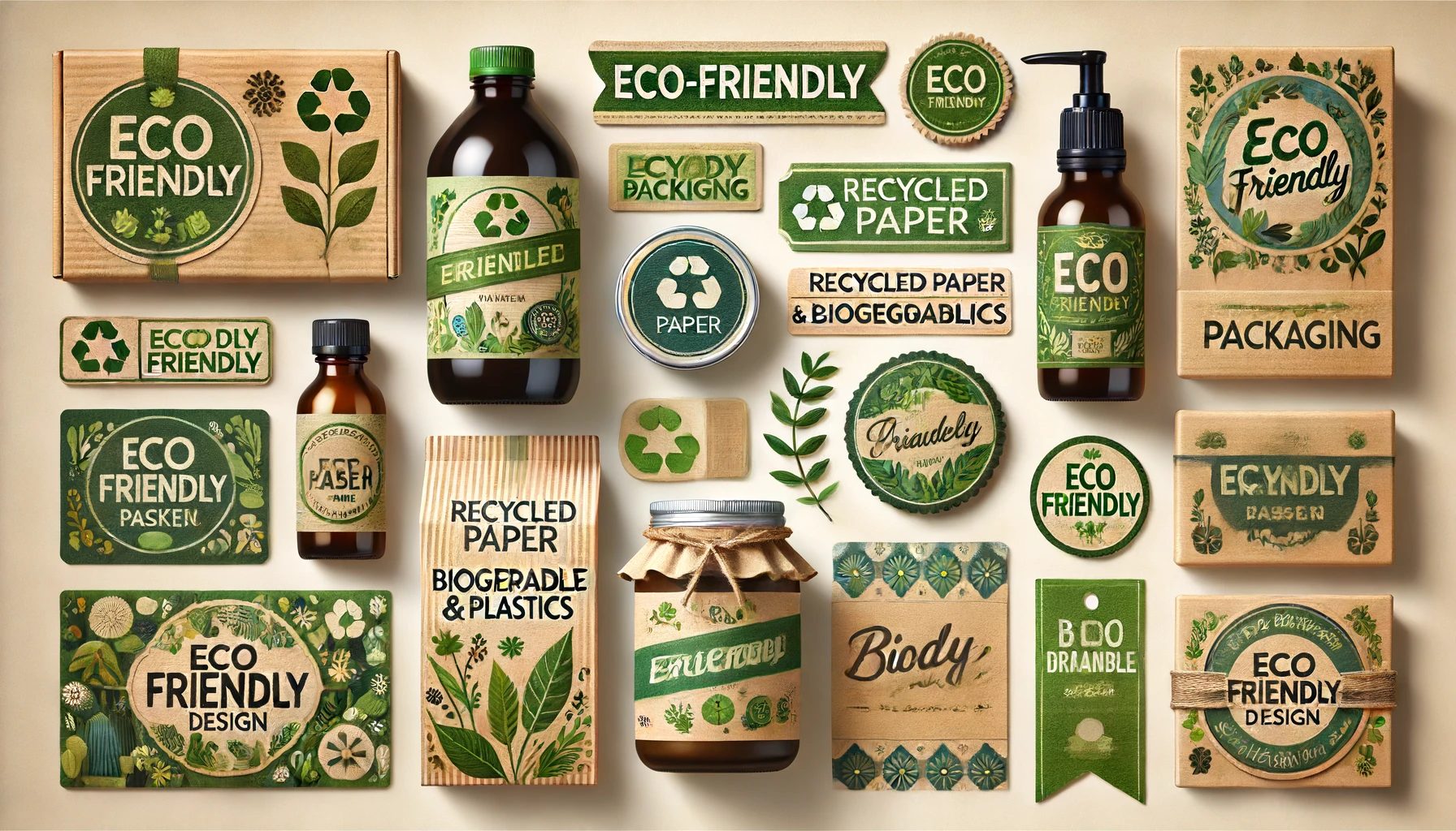 DALL·E 2024 06 18 13.24.05 Eco friendly label designs on various product packaging such as bottles jars and boxes. The image showcases materials like recycled paper and biode